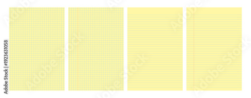 Set of yellow legal pad pages with lined or grid designs