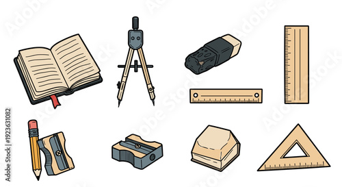 A collection of stationery items including a pencil, ruler, eraser, compass, notebook, and triangular ruler in flat vector style, ideal for educational materials