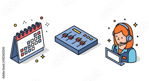 A calendar, audio mixer, and customer service representative in a colorful flat vector style, suitable for business and communication projects