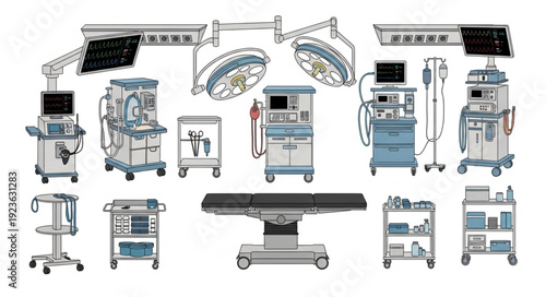 Medical equipment array in operating room, surgical instruments and devices.