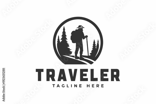 Silhouette of hiker with backpack and walking stick is set among pine trees within circle