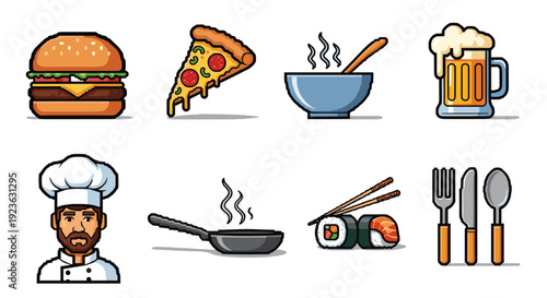 A collection of food icons including a burger, pizza slice, bowl of noodles, beer mug, chef, frying pan, and sushi in modern flat vector style, perfect for food-related branding and menus