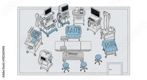Medical operating room illustration with surgical equipment and tools for procedures.