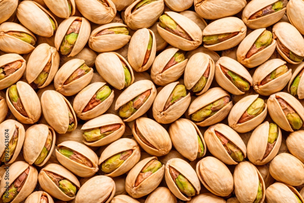 Fototapeta premium Pistachio Nuts in Shells Flat Lay Macro Texture Green Beige Background Design