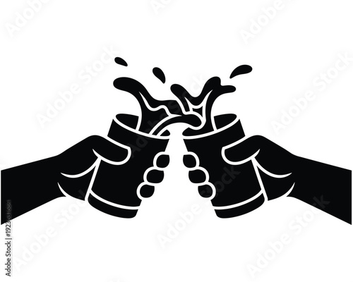 Two hands clinking shot glasses with liquid splashing out celebratory toast