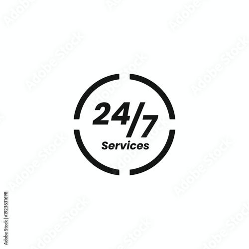 Minimalist 24/7 services circular icon for round-the-clock customer support, helpdesk assistance, and non-stop business availability