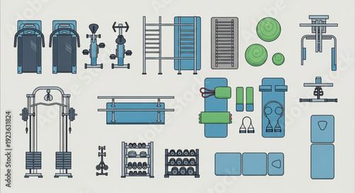 Gym equipment collection - treadmills, exercise bikes, weight racks, and various fitness machines.