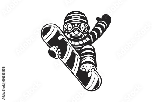 Snowboarder glides midair with outstretched arms over majestic mountain peaks inside double black circle