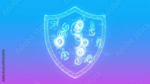 Digital data security shield with glowing network icons animation. Abstract blue and purple gradient background with cyber protection concept.