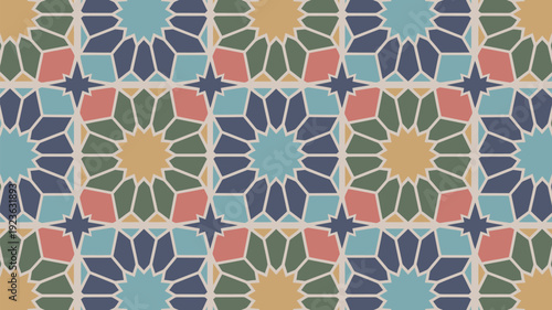 A colorful and intricate seamless geometric Islamic pattern featuring stars and polygons in a traditional mosaic design.