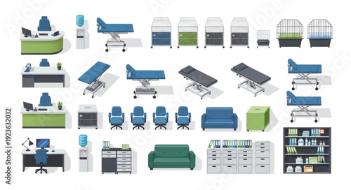 Collection of various office and medical furniture isolated on white background.