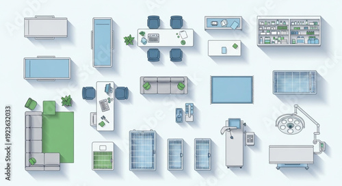 Top-down view of various furniture pieces, perfect for interior design planning and visualization.