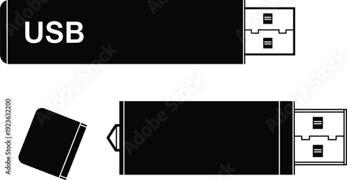Black USB Flash Drive Silhouette Set, Portable Data Storage Memory Stick, Thumb Drive Vector Icons, Computer Hardware Technology, Digital Backup