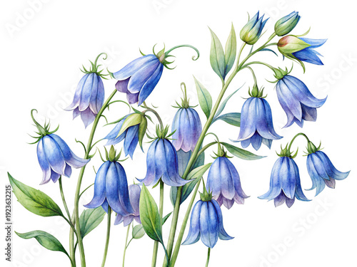 Beautiful watercolor painting of bluebell flowers with leaves on a Trensprent  Background 