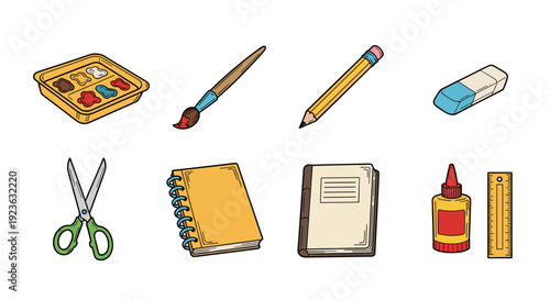 A collection of art supplies including scissors, paintbrush, pencil, notebook, eraser, glue, and ruler in colorful flat vector style, ideal for educational and creative projects
