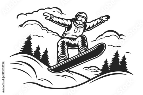 Snowboarder in helmet jumps high amid winter landscape with evergreen trees and clouds