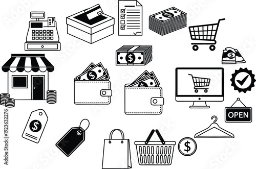 Retail Shopping and E Commerce Icon Set with Storefront, Cash Register, Wallet, Online Cart and Payment Symbols Vector Collection