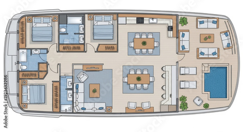 Luxury yacht interior design with multiple bedrooms, dining areas, and a swimming pool.