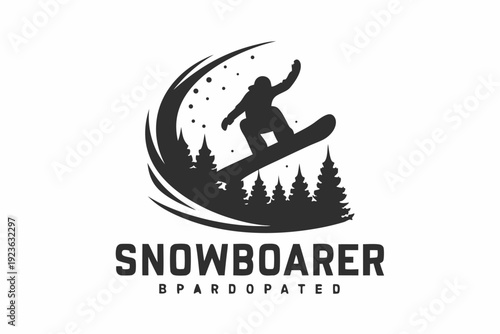 Snowboarder in helmet jumps with trees and red shapes within circle