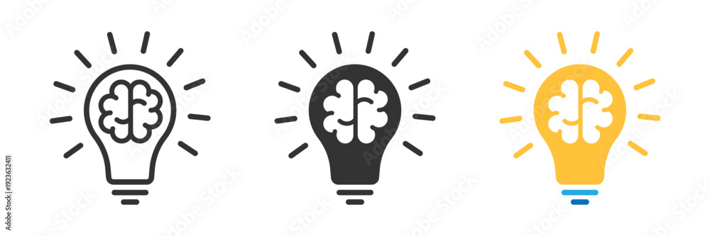 Obraz premium Light bulb with brain icon. Symbol of idea, innovation, creativity, knowledge, and intelligence. Transparent PNG and vector