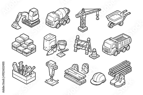 Construction equipment icons: excavator, cement mixer, crane, tools, safety gear.
