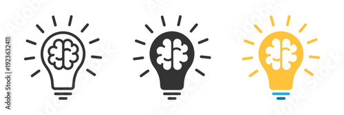 Light bulb with brain icon. Symbol of idea, innovation, creativity, knowledge, and intelligence. Transparent PNG and vector