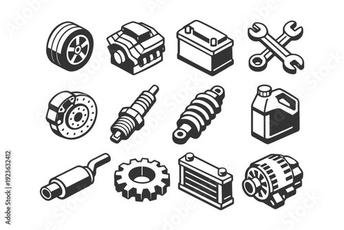 Set of black and white car parts icons including engine, battery, and tools.