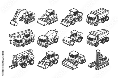Collection of isometric construction vehicles: digger, loader, mixer, bulldozer, crane, truck.