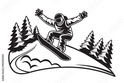 Snowboarder performs midair jump between pine trees on snowy hill in stark black and white