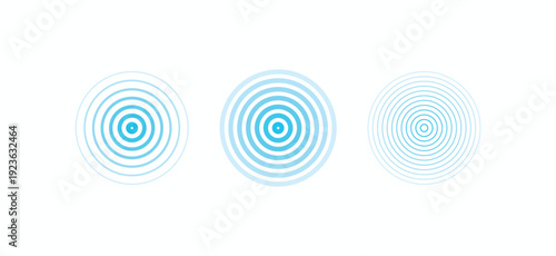 Blue water ripple vector set with concentric circles. Abstract wave icons for liquid drop, sonar, or signal splash isolated on white. High-quality graphic design elements
