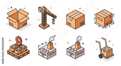 A collection of logistics and delivery icons featuring a box, crane, warehouse, and measurement tools in flat modern vector style, ideal for transportation and supply chain projects