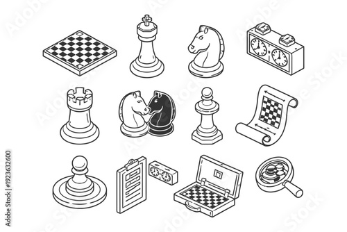 Monochrome chess set icons: pieces, board, timer, strategy elements.