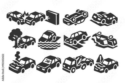 Icon set illustrating various car accidents and hazards.