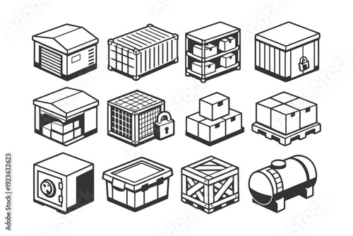 Various storage container types: secure boxes, pallets, tanks, and shelves.