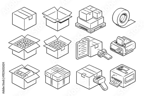 Line art collection of cardboard boxes and packing supplies.