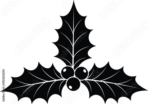 Christmas Holly Berry Silhouette Illustration, Winter Holiday Greenery Symbol, Decorative Festive Plant Design, Black Floral Icon, Seasonal Celebration Graphic Elements