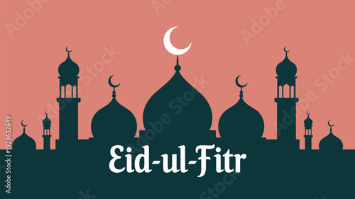 The grand silhouette of a mosque with multiple domes and minarets highlighted against a reddish-orange sky, featuring "Eid-ul-Fitr" text prominently.