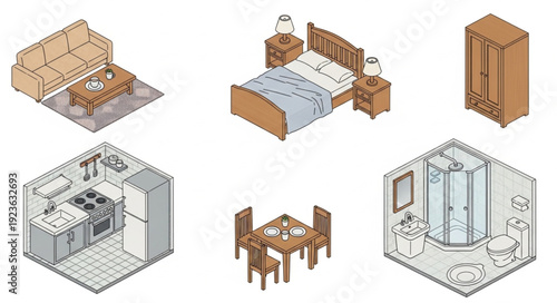 Isometric view of various rooms, including bedroom, kitchen, dining, and bathroom.
