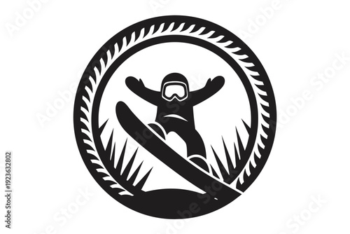 Snowboarder with helmet and goggles is riding dynamically in a monochromatic design