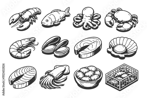Black and white seafood icons: lobster, fish, octopus, crab, shrimp, clams, scallop, squid, oysters.