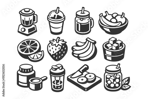 Monochrome smoothie ingredients and kitchen tools icons set.