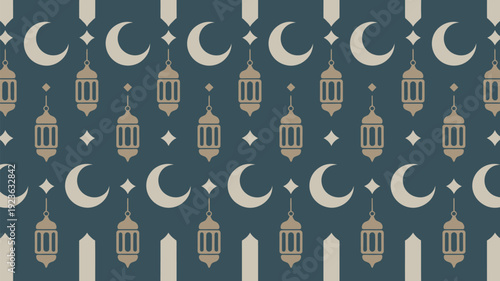 A seamless Islamic pattern features beige lanterns, crescent moons, and stars against a dark blue background with arched designs.