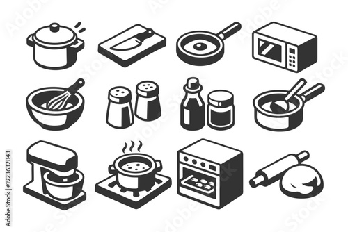 Kitchen appliance icons: cookware, utensils, baking tools, microwave.