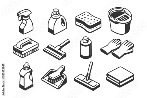 Cleaning supplies icons: spray, detergent, sponge, mop, gloves, bucket.