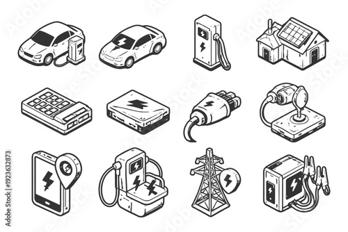 Electric vehicle infrastructure symbols: charging stations, solar homes, and energy devices.
