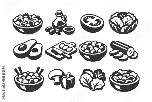 Variety of fresh vegetables and ingredients icons set in black and white.