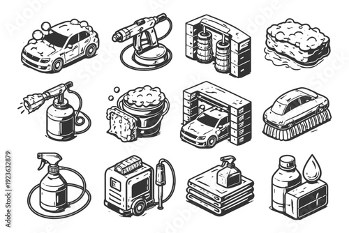Monochrome car wash icon set: tools, equipment, soap, rinse, sponge illustrations.