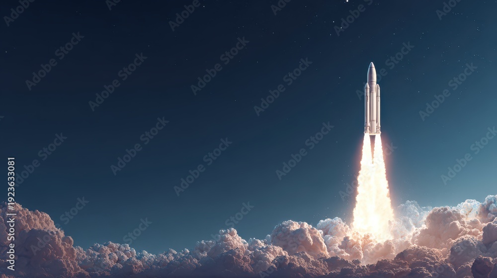 Fototapeta premium Rocket Launch in Night Sky with Dramatic Clouds and Bright Flames Illuminating the Sky, Symbolizing Innovation, Exploration, and the Future of Space Travel