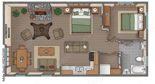 Detailed floor plan of a modern cabin with multiple rooms and furniture.