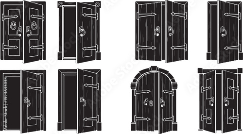 Collection of various black doors with white outlines shown